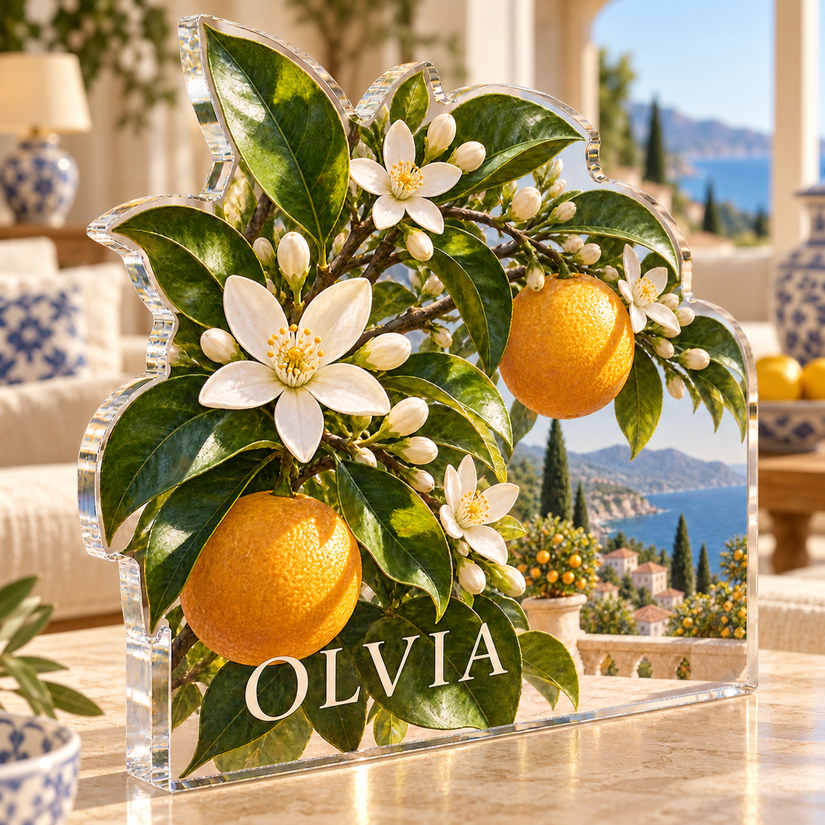 Artwork visualization: Citrus blossom — living room focal point, personalized OLIVIA, subject-shaped acrylic with printed optical 3D depth; not carved relief.