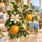 Artwork visualization: Citrus blossom — living room focal point, personalized OLIVIA, subject-shaped acrylic with printed optical 3D depth; not carved relief.