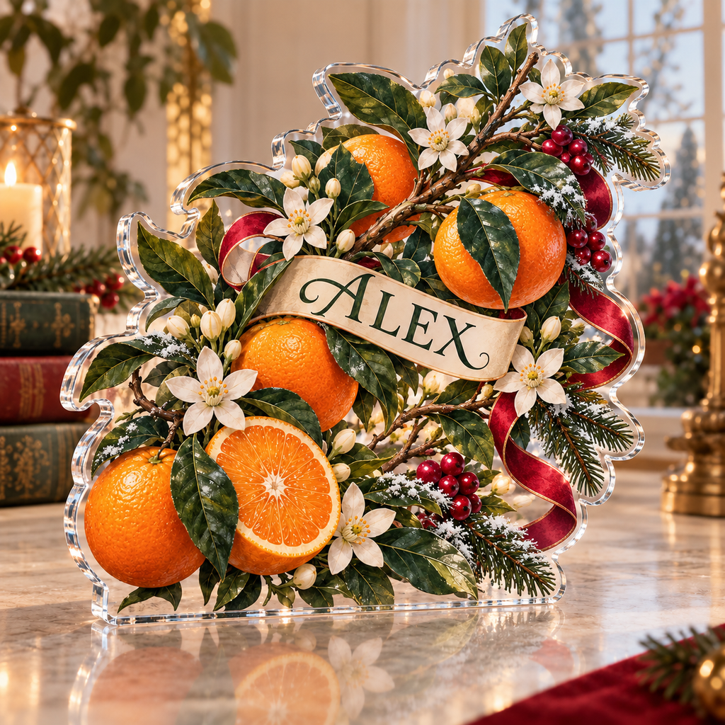 Artwork visualization: Citrus blossom — quiet corner decoration, personalized ALEX, subject-shaped acrylic with printed optical 3D depth; not carved relief.