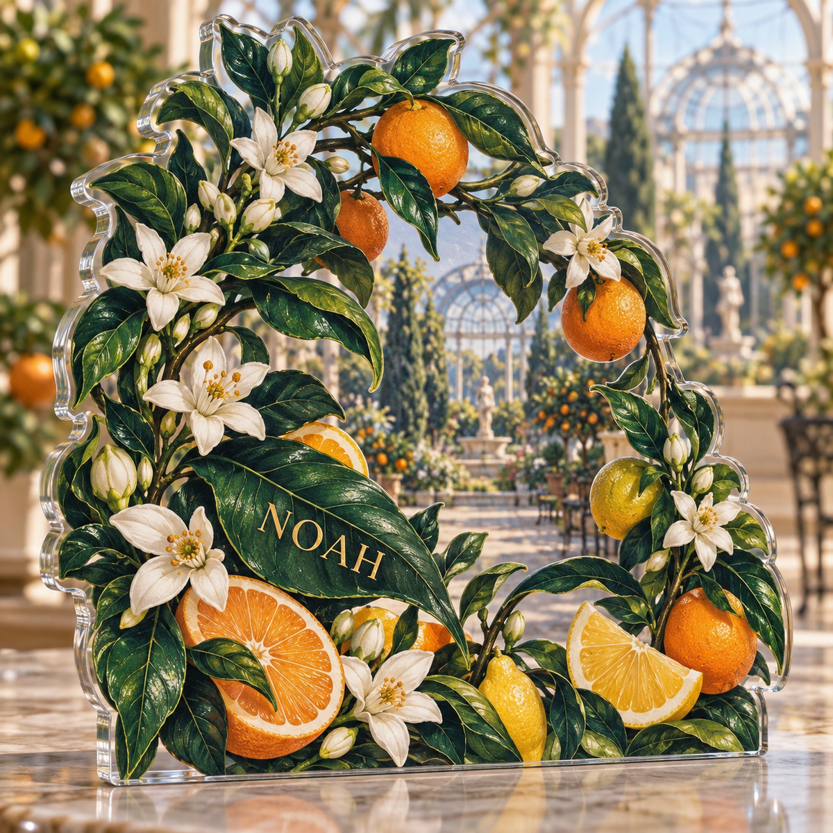 Artwork visualization: Citrus blossom — collector birthday keepsake, personalized NOAH, subject-shaped acrylic with printed optical 3D depth; not carved relief.
