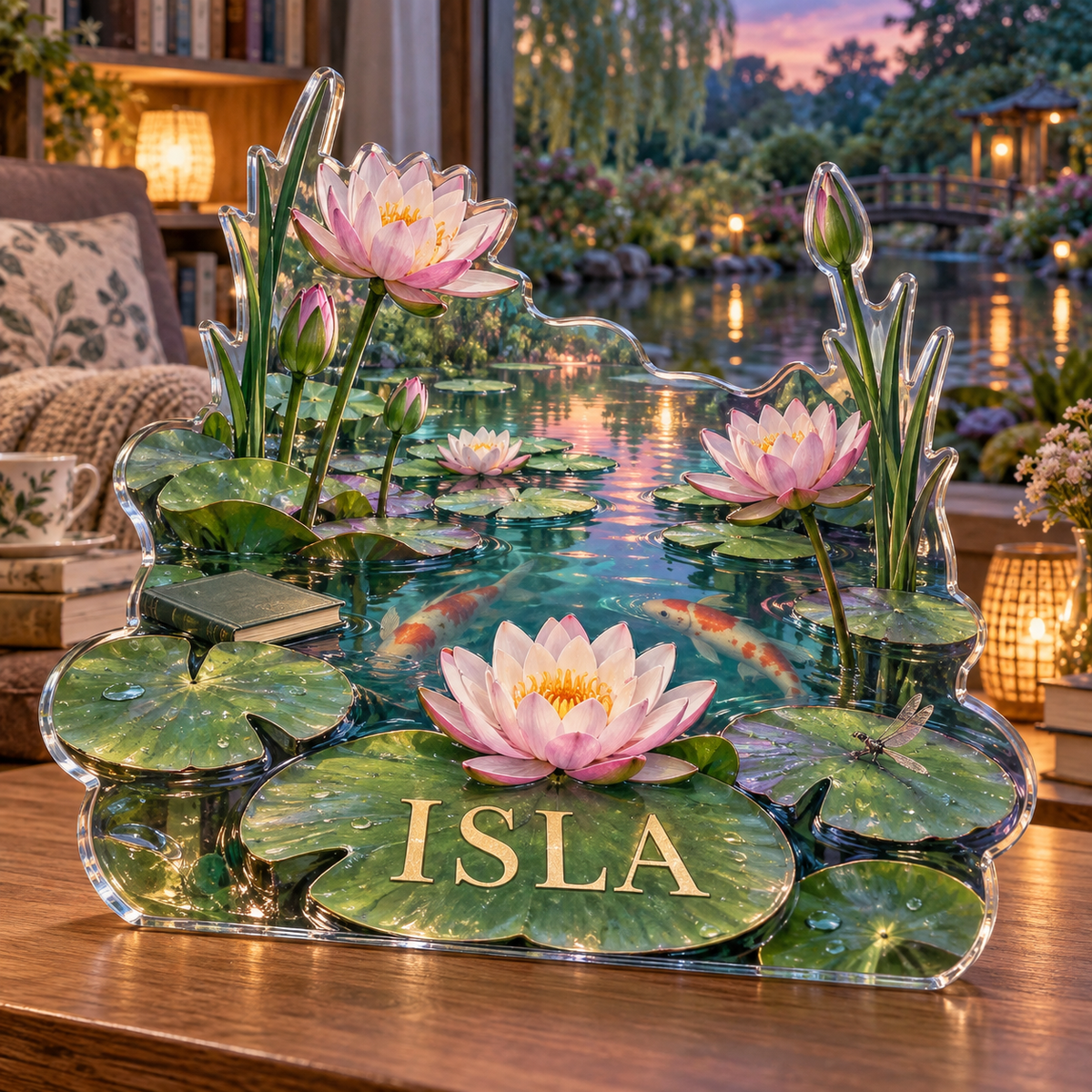 Artwork visualization: Water lily pond — reading nook decor, personalized ISLA, subject-shaped acrylic with printed optical 3D depth; not carved relief.