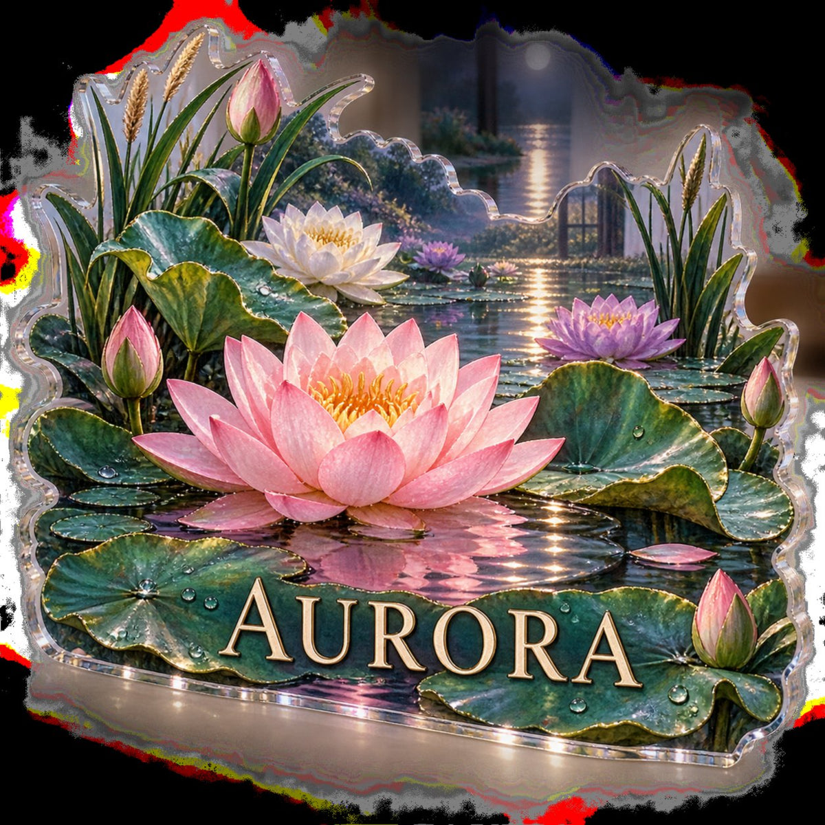 Personalized Water Lily Pond Bedroom Statement Decor custom shape acrylic plaque with an example name set into the artwork, digital preview