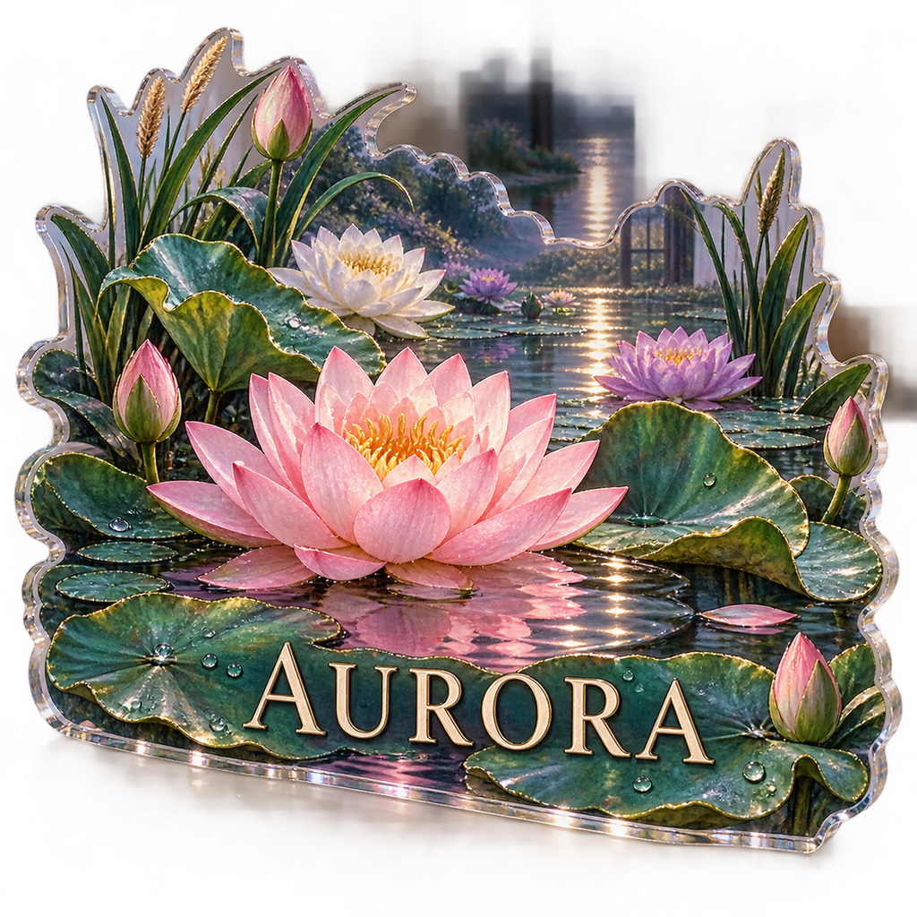 Artwork visualization: Water lily pond — bedroom statement decor, personalized AURORA, subject-shaped acrylic with printed optical 3D depth; not carved relief.