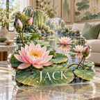 Artwork visualization: Water lily pond — living room focal point, personalized JACK, subject-shaped acrylic with printed optical 3D depth; not carved relief.
