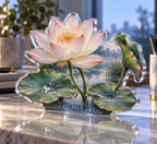 Artwork visualization: Water lily pond — home office backdrop, personalized ISLA, subject-shaped acrylic with printed optical 3D depth; not carved relief.