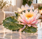 Artwork visualization: Water lily pond — personalized housewarming, personalized SOPHIA, subject-shaped acrylic with printed optical 3D depth; not carved relief.