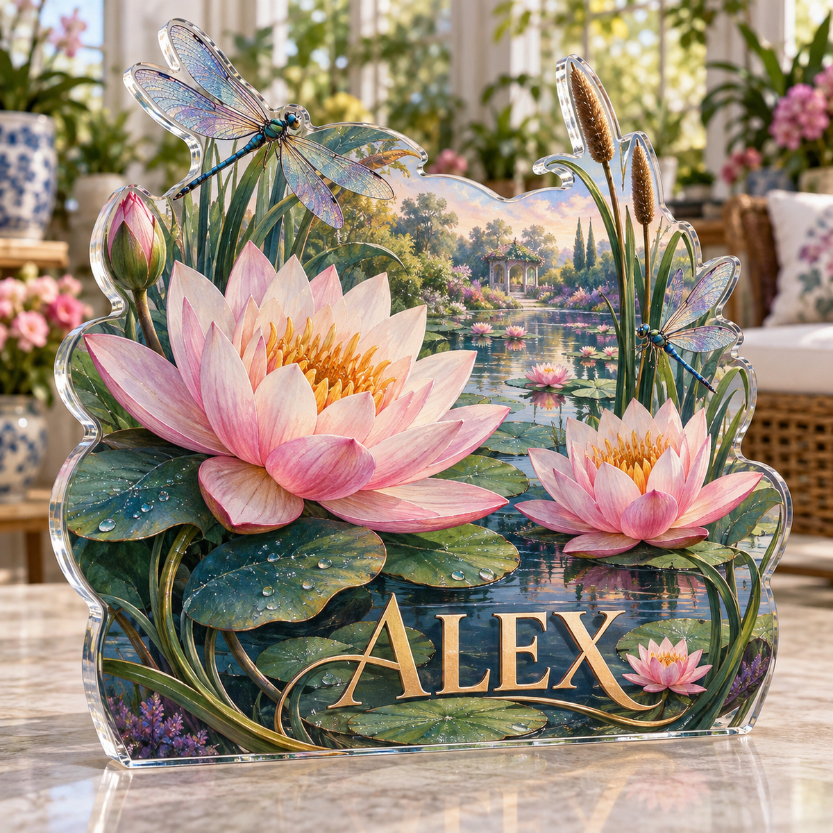 Artwork visualization: Water lily pond — collector birthday keepsake, personalized ALEX, subject-shaped acrylic with printed optical 3D depth; not carved relief.