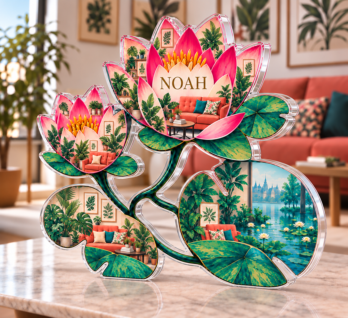 Personalized Water Lily Pond — Apartment Gallery Wall acrylic plaque with an example name set into the artwork, digital preview