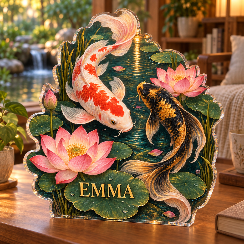 Artwork visualization: Koi and lotus pond — reading nook decor, personalized EMMA, subject-shaped acrylic with printed optical 3D depth; not carved relief.