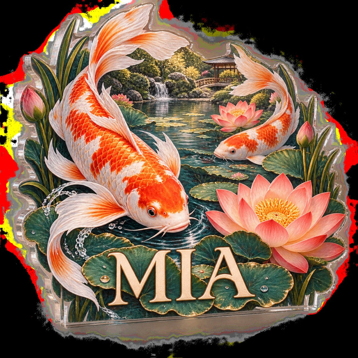 Personalized Koi And Lotus Pond Bedroom Statement Decor custom shape acrylic plaque with an example name set into the artwork, digital preview