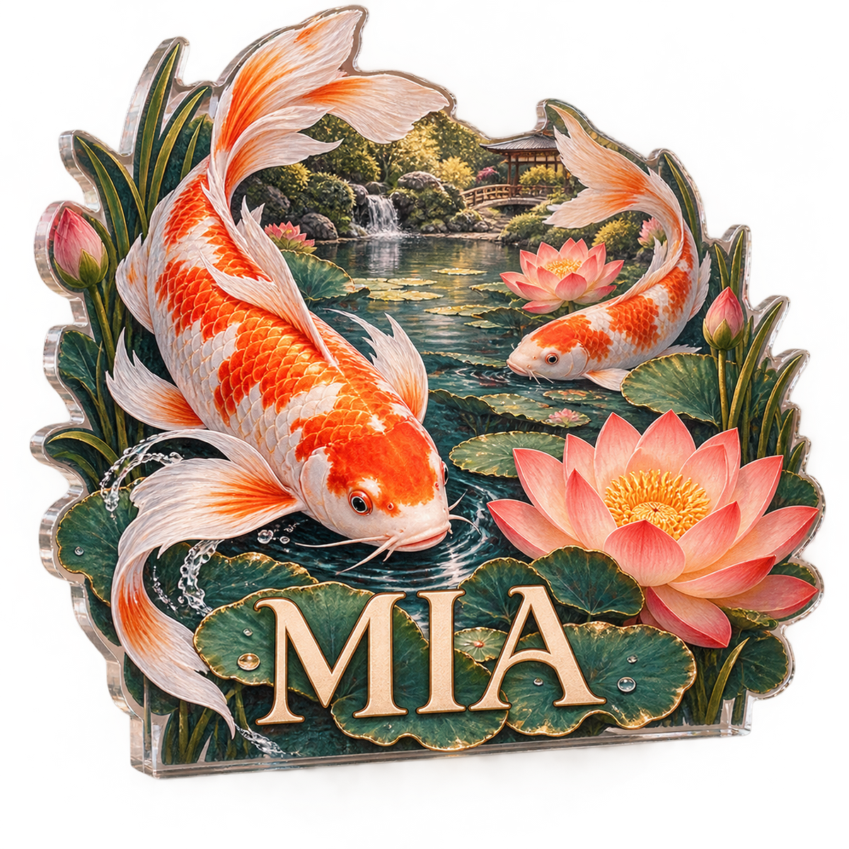 Artwork visualization: Koi and lotus pond — bedroom statement decor, personalized MIA, subject-shaped acrylic with printed optical 3D depth; not carved relief.