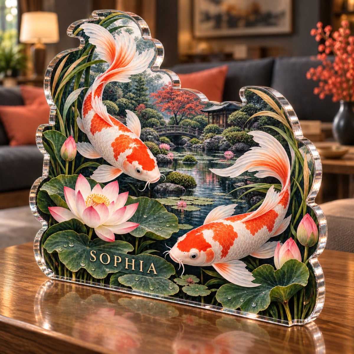 Personalized Koi And Lotus Pond Living Room Focal Point custom shape acrylic plaque with an example name set into the artwork, digital preview