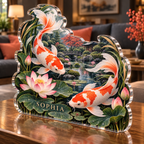 Artwork visualization: Koi and lotus pond — living room focal point, personalized SOPHIA, subject-shaped acrylic with printed optical 3D depth; not carved relief.