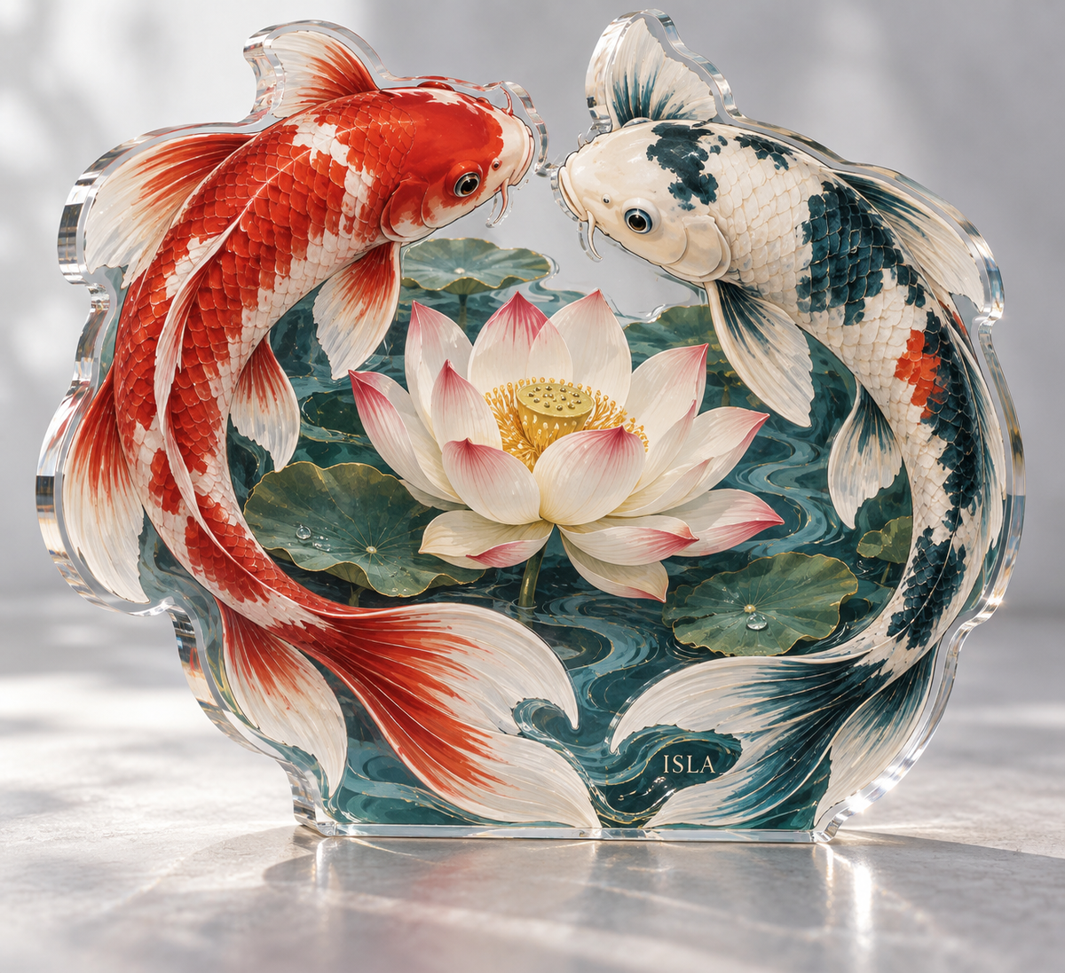 Artwork visualization: Koi and lotus pond — home office backdrop, personalized ISLA, subject-shaped acrylic with printed optical 3D depth; not carved relief.