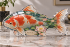 Artwork visualization: Koi and lotus pond — personalized housewarming, personalized AURORA, subject-shaped acrylic with printed optical 3D depth; not carved relief.