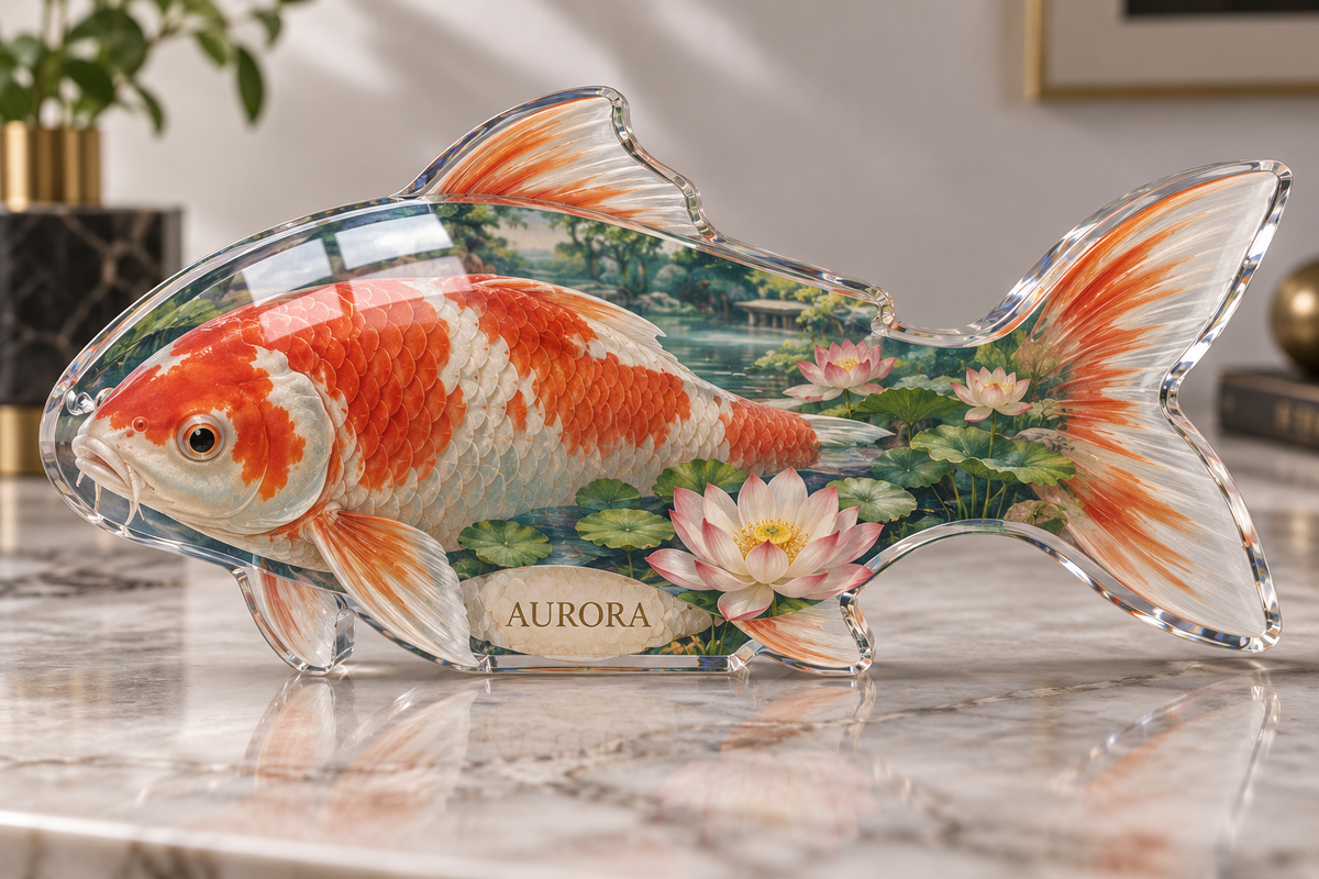 Artwork visualization: Koi and lotus pond — personalized housewarming, personalized AURORA, subject-shaped acrylic with printed optical 3D depth; not carved relief.