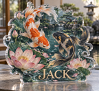 Artwork visualization: Koi and lotus pond — quiet corner decoration, personalized JACK, subject-shaped acrylic with printed optical 3D depth; not carved relief.