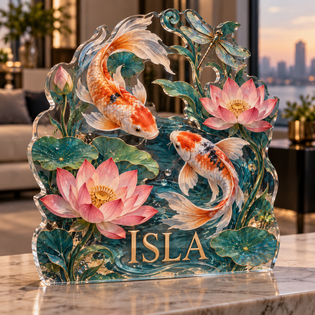 Artwork visualization: Koi and lotus pond — apartment gallery wall, personalized ISLA, subject-shaped acrylic with printed optical 3D depth; not carved relief.