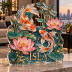 Artwork visualization: Koi and lotus pond — apartment gallery wall, personalized ISLA, subject-shaped acrylic with printed optical 3D depth; not carved relief.