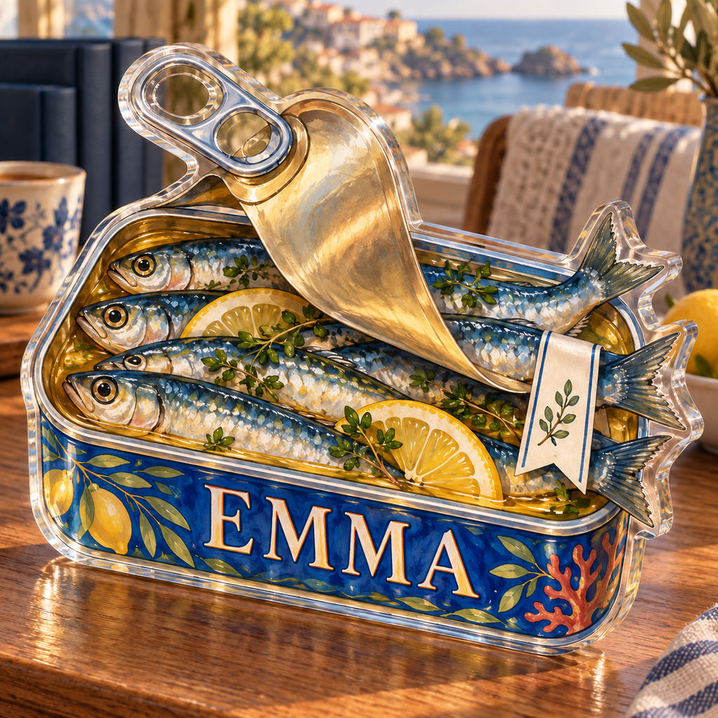 Artwork visualization: Sardine tin illustration — reading nook decor, personalized EMMA, subject-shaped acrylic with printed optical 3D depth; not carved relief.