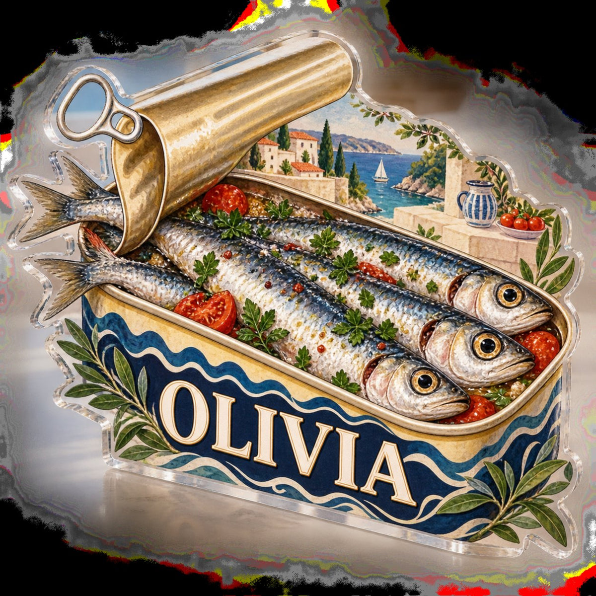 Personalized Sardine Tin Illustration Bedroom Statement Decor custom shape acrylic plaque with an example name set into the artwork, digital preview