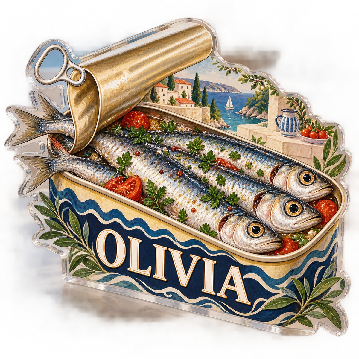Artwork visualization: Sardine tin illustration — bedroom statement decor, personalized OLIVIA, subject-shaped acrylic with printed optical 3D depth; not carved relief.