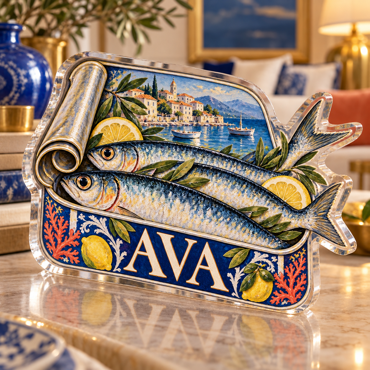 Artwork visualization: Sardine tin illustration — living room focal point, personalized AVA, subject-shaped acrylic with printed optical 3D depth; not carved relief.