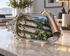 Artwork visualization: Sardine tin illustration — home office backdrop, personalized ALEX, subject-shaped acrylic with printed optical 3D depth; not carved relief.