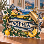 Artwork visualization: Sardine tin illustration — apartment gallery wall, personalized SOPHIA, subject-shaped acrylic with printed optical 3D depth; not carved relief.