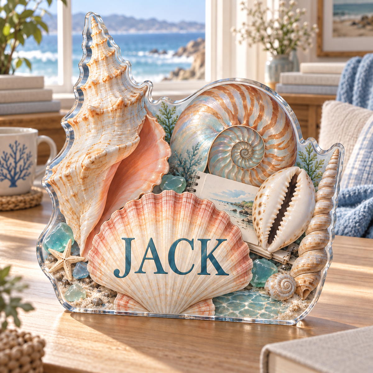 Artwork visualization: Seashell study — reading nook decor, personalized JACK, subject-shaped acrylic with printed optical 3D depth; not carved relief.