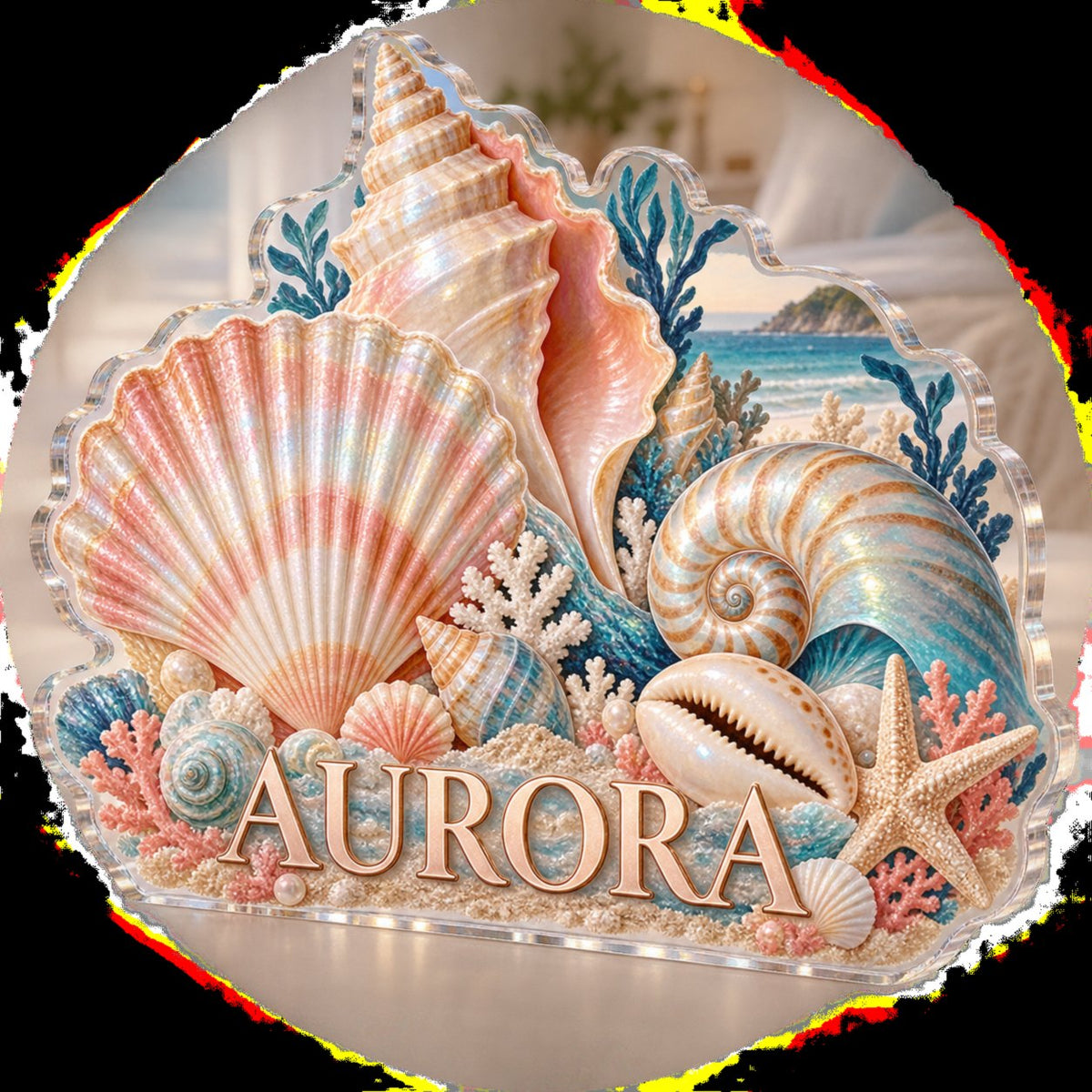 Personalized Seashell Study Bedroom Statement Decor custom shape acrylic plaque with an example name set into the artwork, digital preview