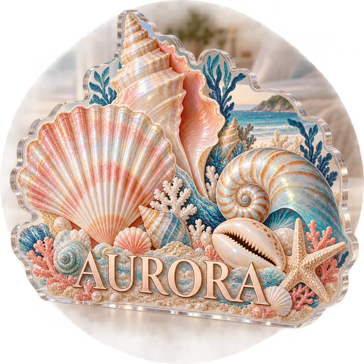 Artwork visualization: Seashell study — bedroom statement decor, personalized AURORA, subject-shaped acrylic with printed optical 3D depth; not carved relief.