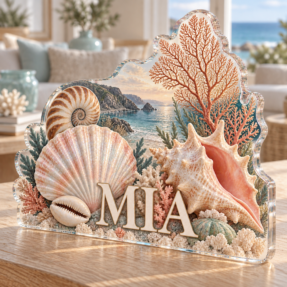 Artwork visualization: Seashell study — living room focal point, personalized MIA, subject-shaped acrylic with printed optical 3D depth; not carved relief.