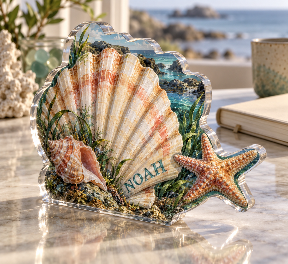 Artwork visualization: Seashell study — home office backdrop, personalized NOAH, subject-shaped acrylic with printed optical 3D depth; not carved relief.