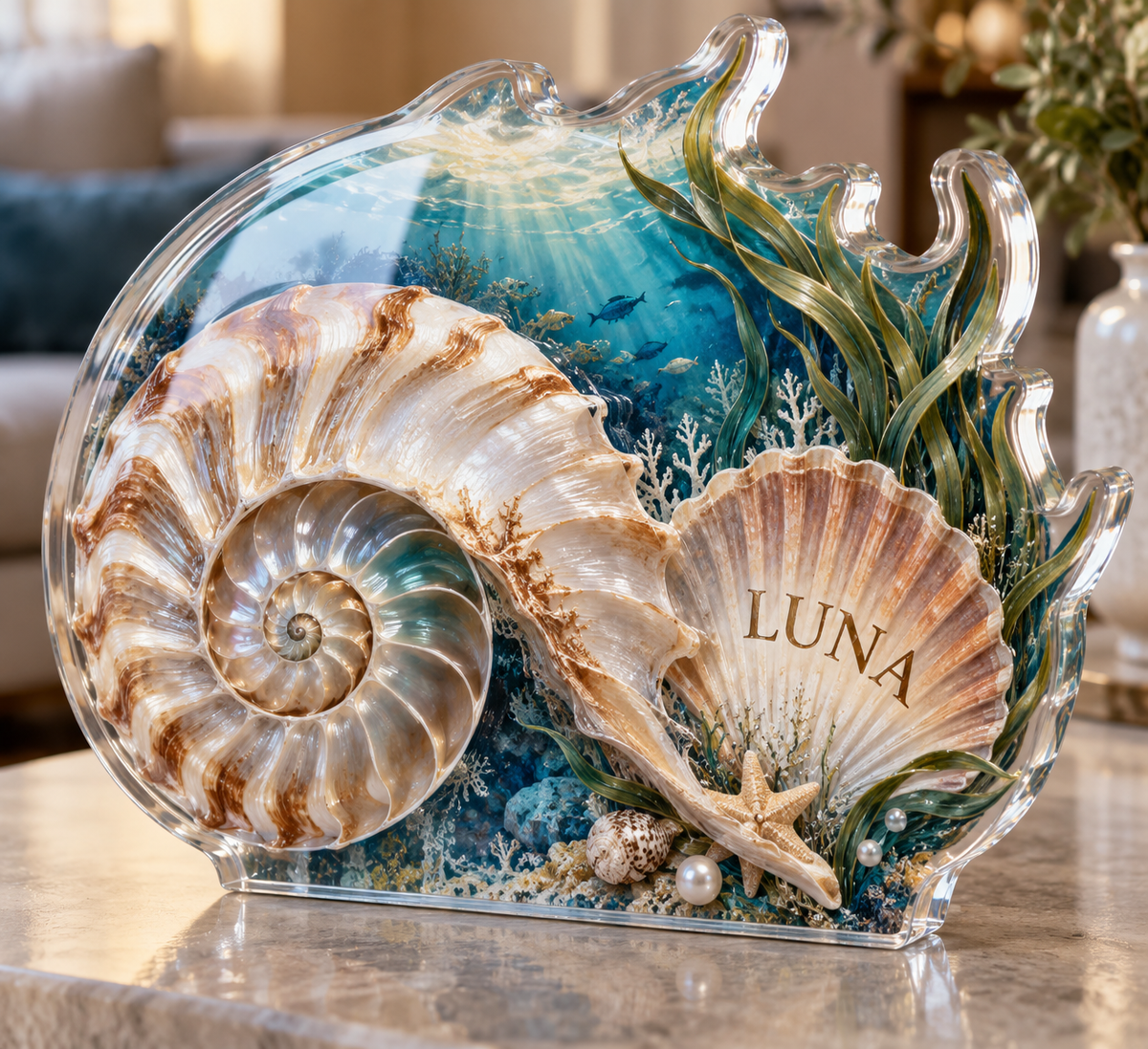 Artwork visualization: Seashell study — personalized housewarming, personalized LUNA, subject-shaped acrylic with printed optical 3D depth; not carved relief.