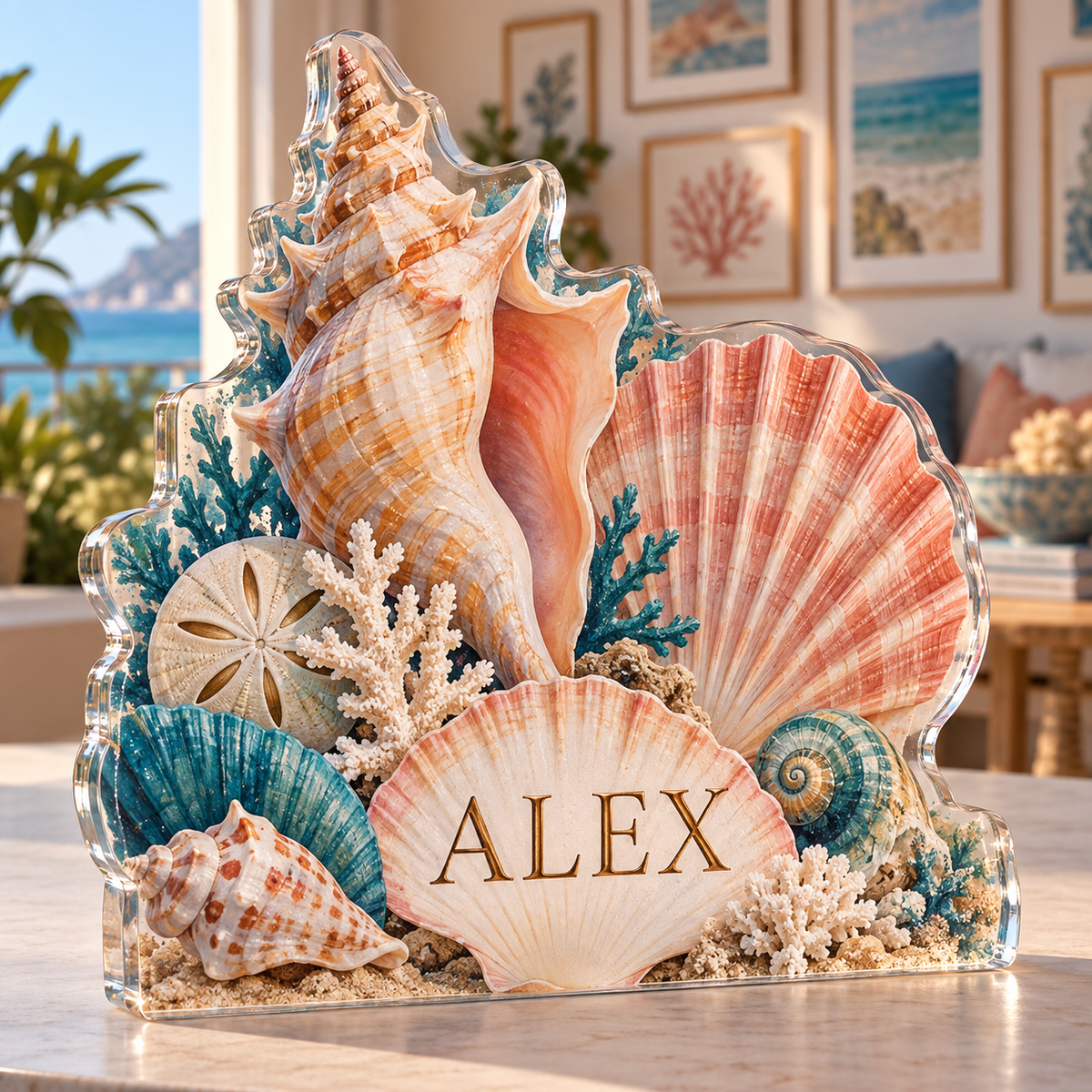 Artwork visualization: Seashell study — apartment gallery wall, personalized ALEX, subject-shaped acrylic with printed optical 3D depth; not carved relief.