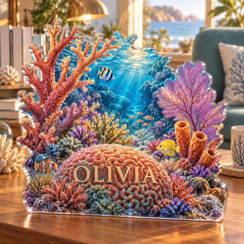 Artwork visualization: Coral reef — reading nook decor, personalized OLIVIA, subject-shaped acrylic with printed optical 3D depth; not carved relief.