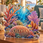 Artwork visualization: Coral reef — reading nook decor, personalized OLIVIA, subject-shaped acrylic with printed optical 3D depth; not carved relief.