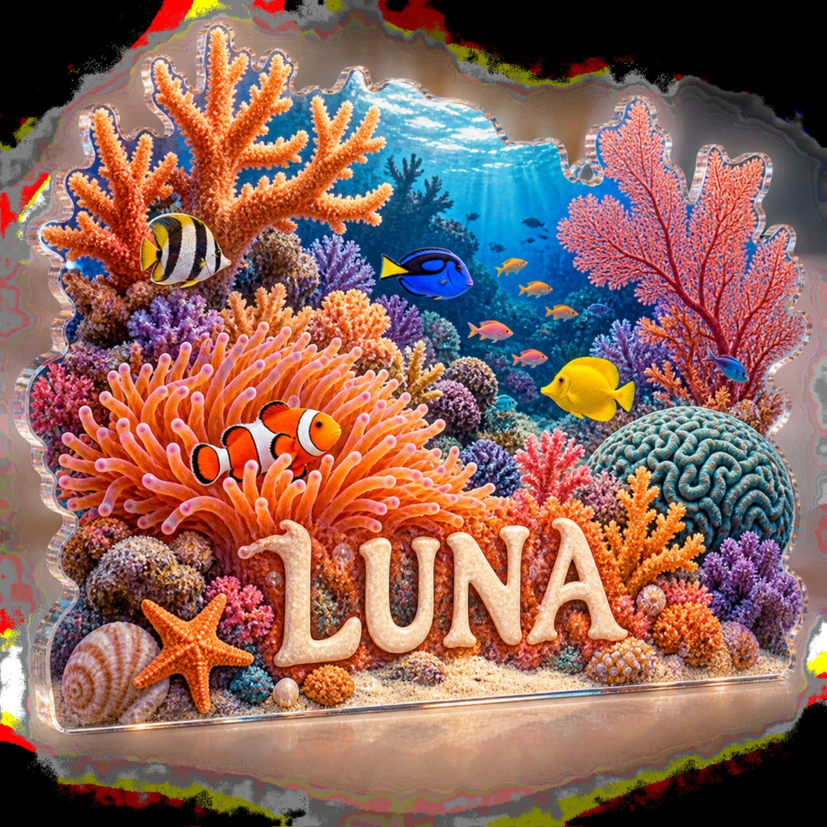 Personalized Coral Reef Bedroom Statement Decor custom shape acrylic plaque with an example name set into the artwork, digital preview