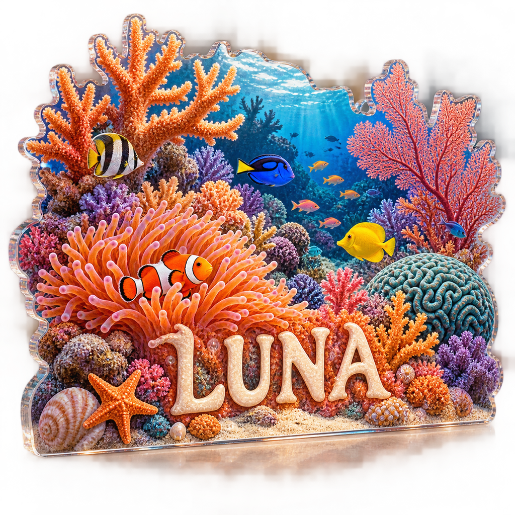 Artwork visualization: Coral reef — bedroom statement decor, personalized LUNA, subject-shaped acrylic with printed optical 3D depth; not carved relief.