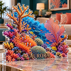 Artwork visualization: Coral reef — living room focal point, personalized AURORA, subject-shaped acrylic with printed optical 3D depth; not carved relief.