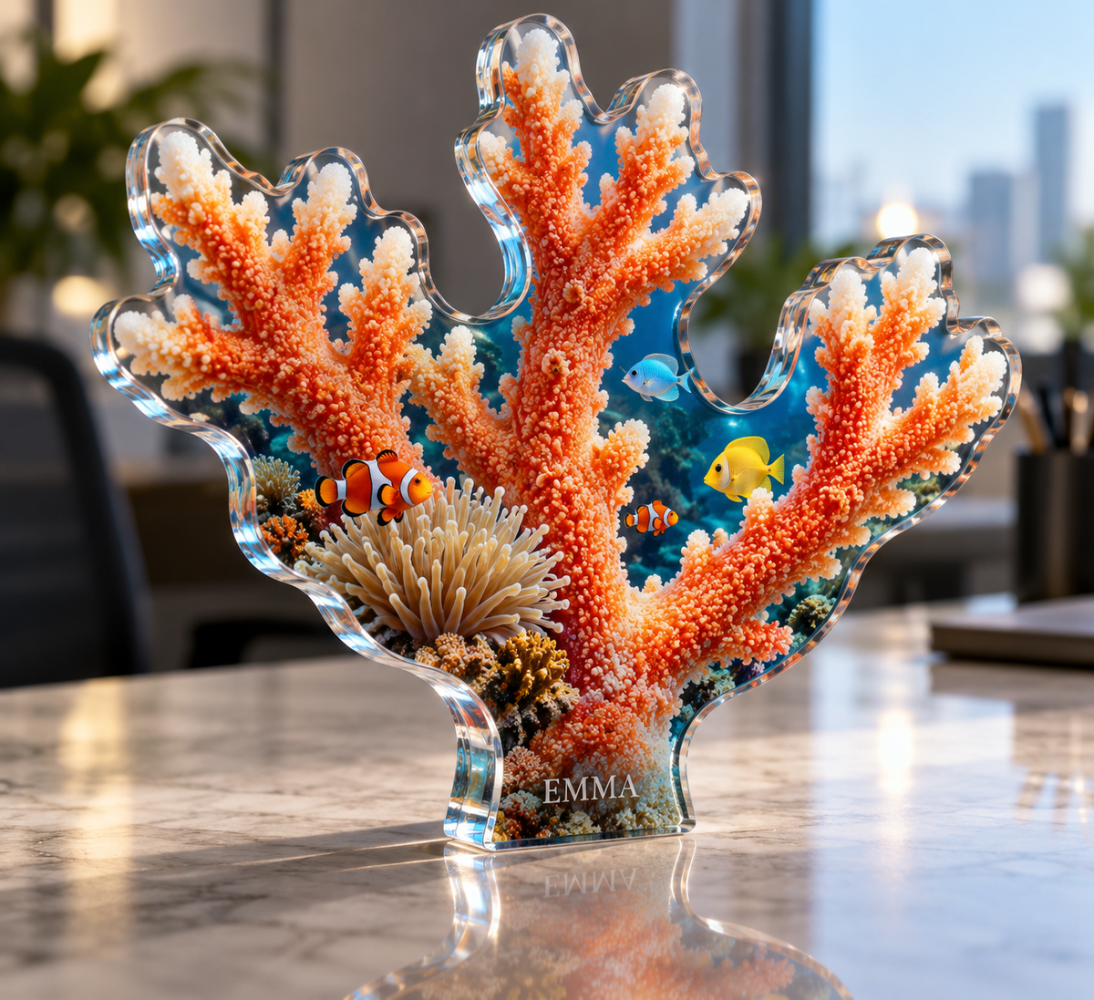 Artwork visualization: Coral reef — home office backdrop, personalized EMMA, subject-shaped acrylic with printed optical 3D depth; not carved relief.