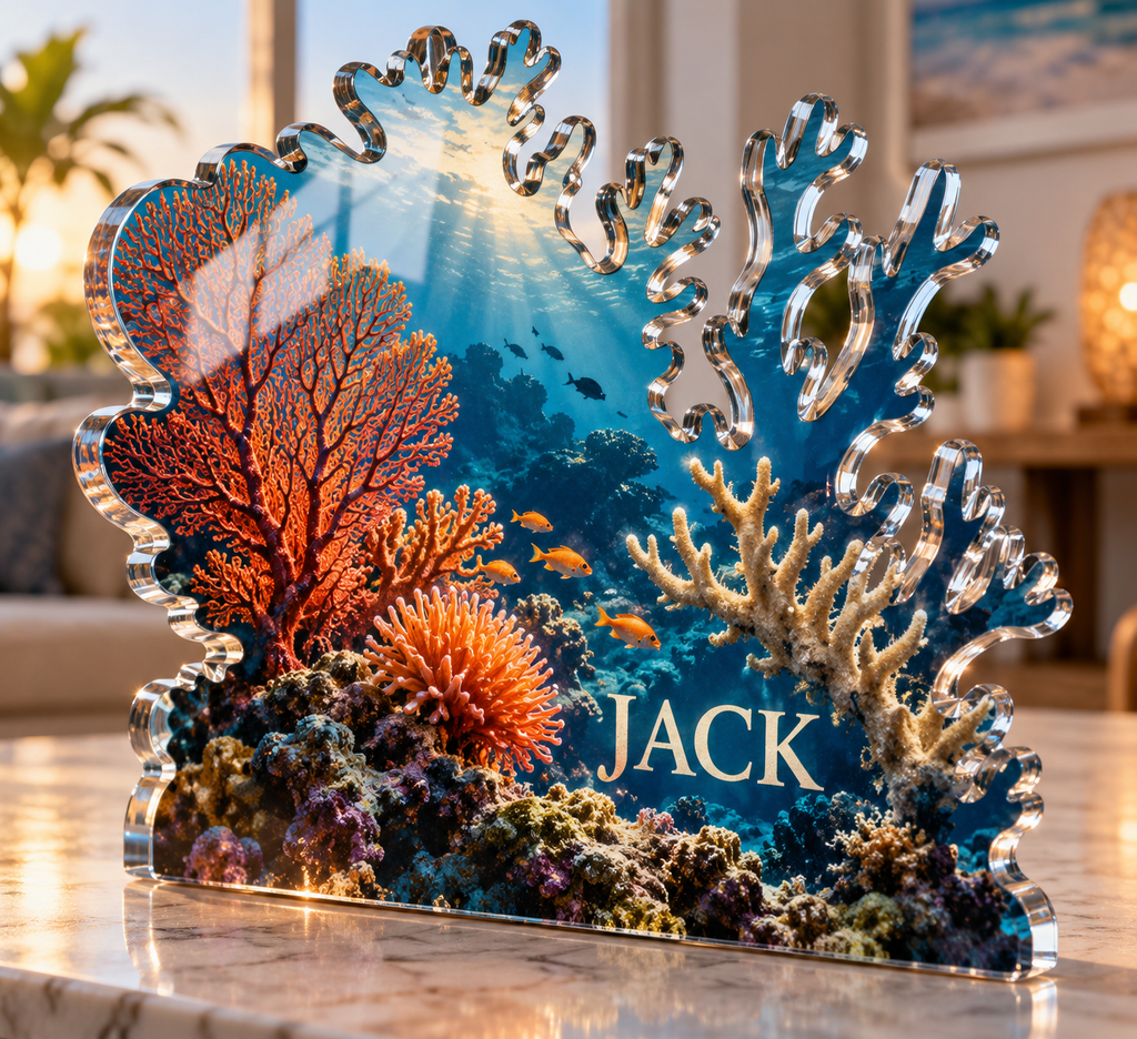 Artwork visualization: Coral reef — personalized housewarming, personalized JACK, subject-shaped acrylic with printed optical 3D depth; not carved relief.