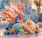 Artwork visualization: Coral reef — quiet corner decoration, personalized LUNA, subject-shaped acrylic with printed optical 3D depth; not carved relief.