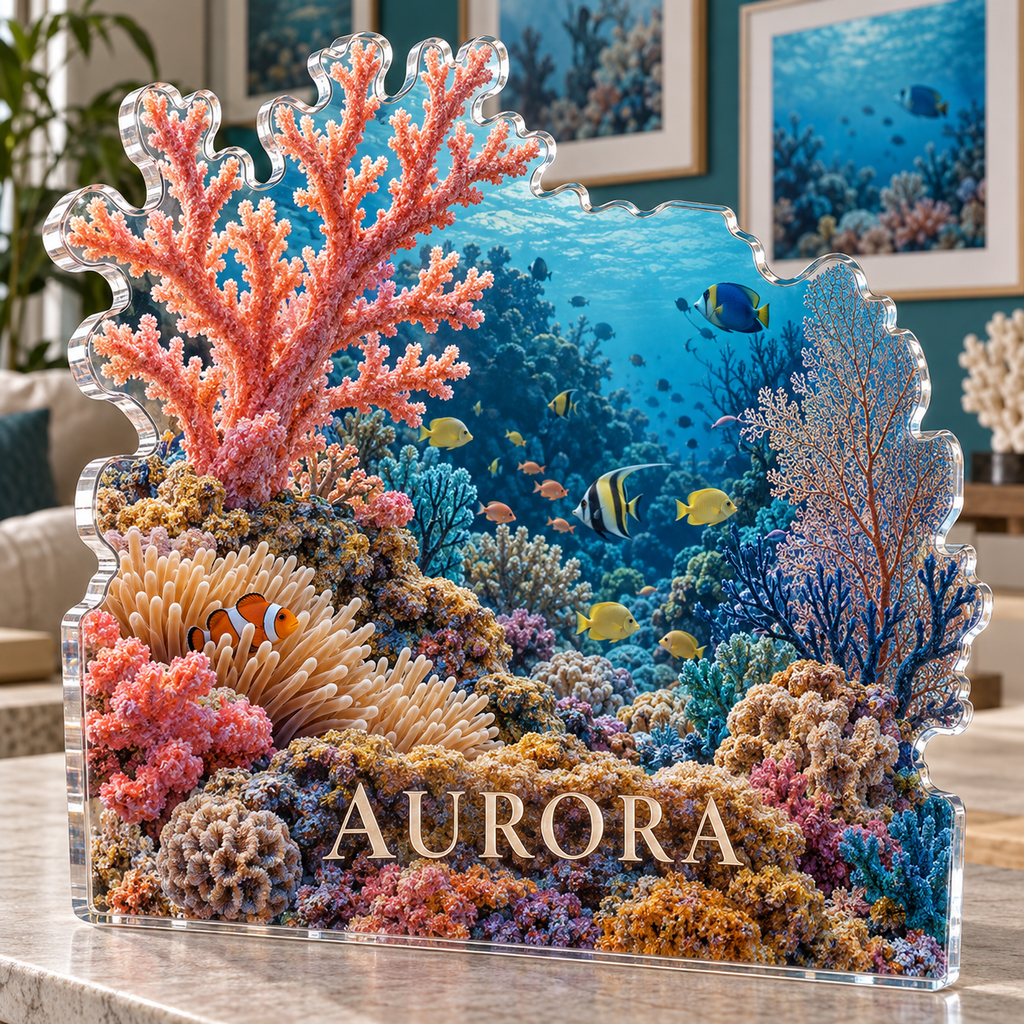 Artwork visualization: Coral reef — apartment gallery wall, personalized AURORA, subject-shaped acrylic with printed optical 3D depth; not carved relief.