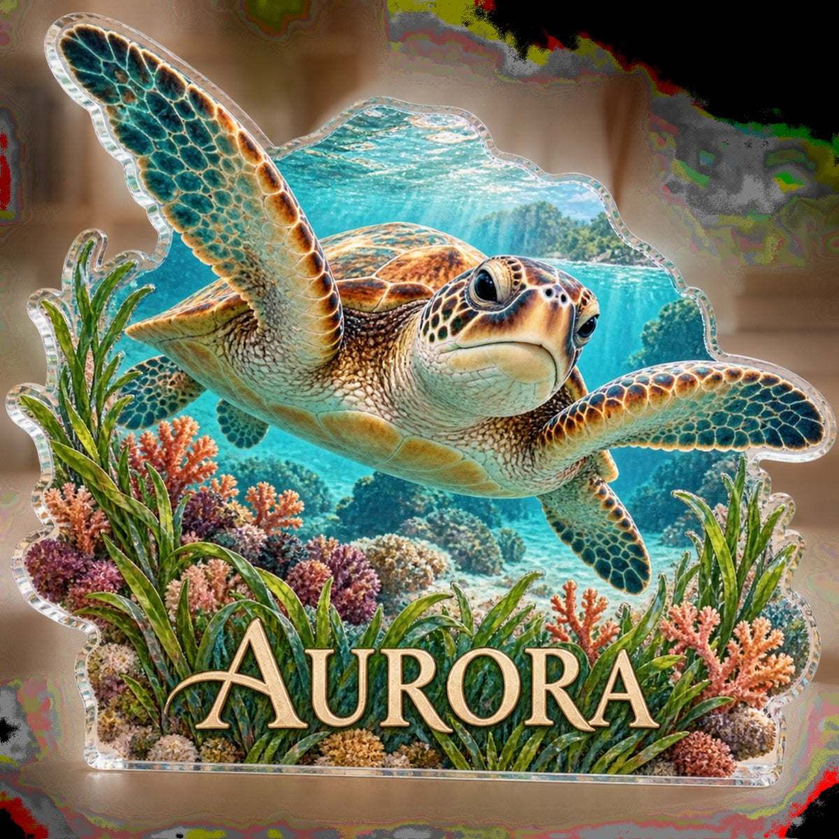 Personalized Sea Turtle Lagoon Reading Nook Decor custom shape acrylic plaque with an example name set into the artwork, digital preview