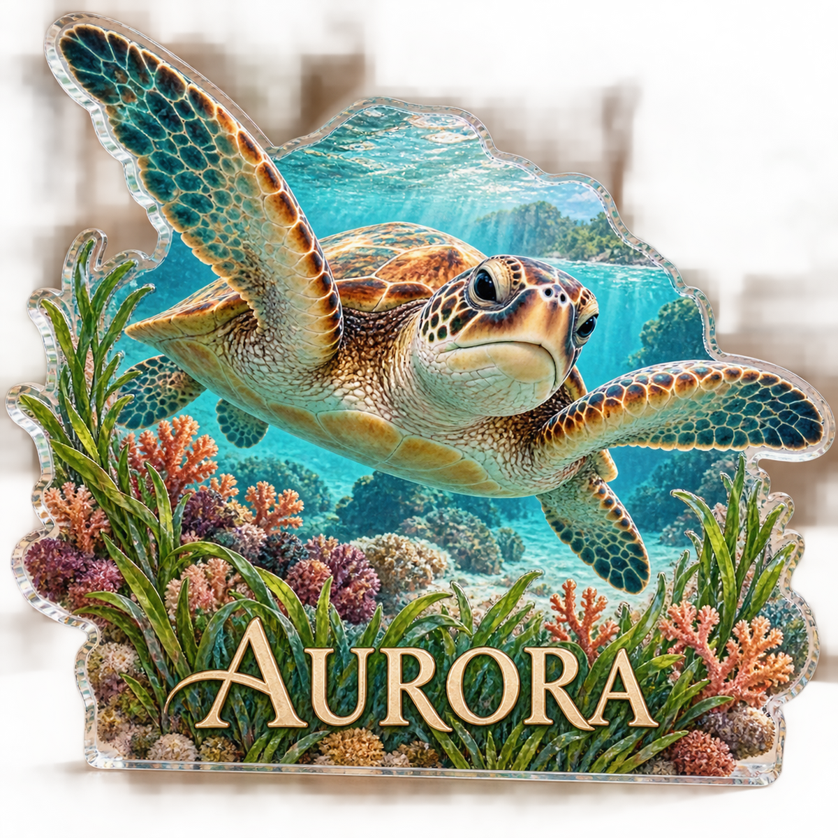 Artwork visualization: Sea turtle lagoon — reading nook decor, personalized AURORA, subject-shaped acrylic with printed optical 3D depth; not carved relief.