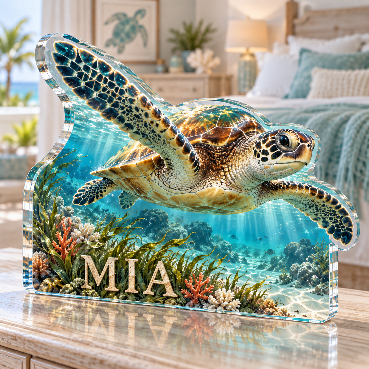 Artwork visualization: Sea turtle lagoon — bedroom statement decor, personalized MIA, subject-shaped acrylic with printed optical 3D depth; not carved relief.