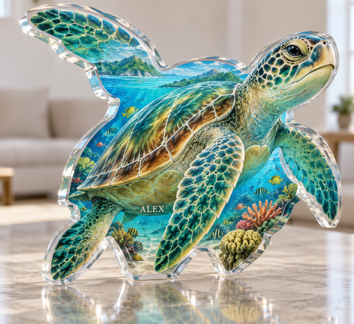 Artwork visualization: Sea turtle lagoon — living room focal point, personalized ALEX, subject-shaped acrylic with printed optical 3D depth; not carved relief.