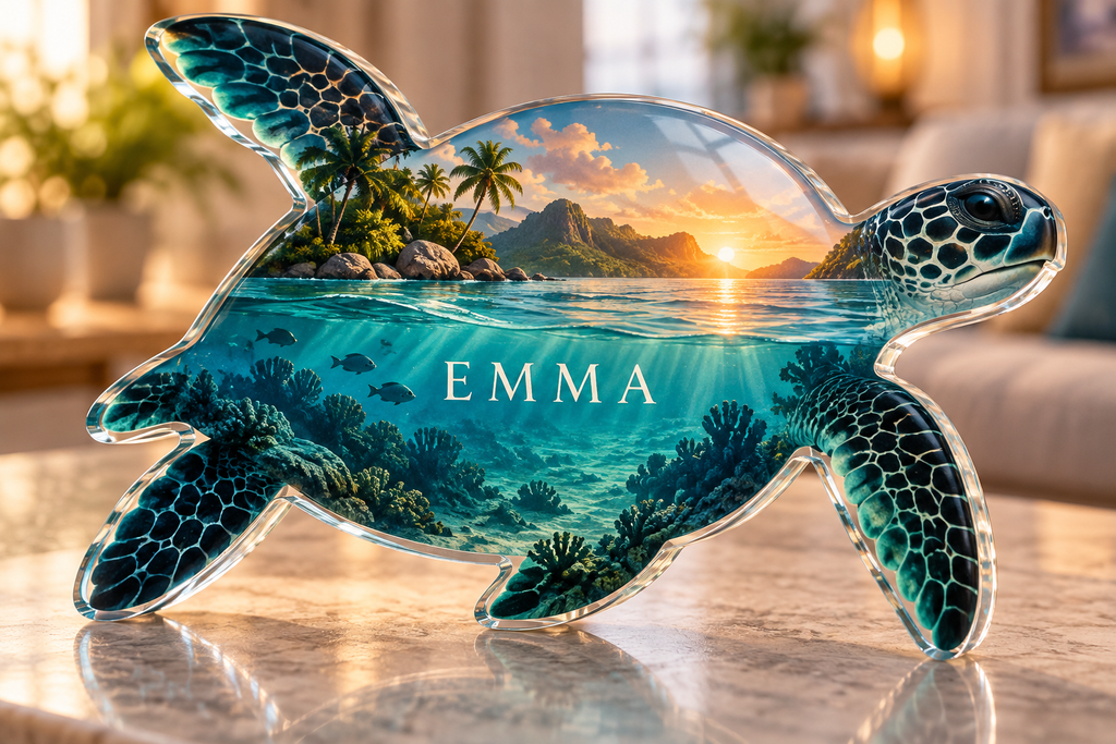 Artwork visualization: Sea turtle lagoon — personalized housewarming, personalized EMMA, subject-shaped acrylic with printed optical 3D depth; not carved relief.